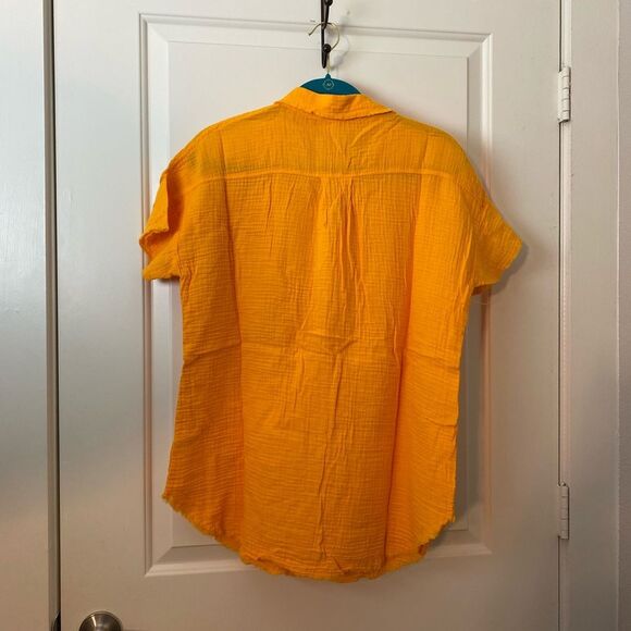 ZENANA Gauze Cotton Front Buttons Large Raw Edge Short Sleeve Mustard Shirt Top - Picture 8 of 9
